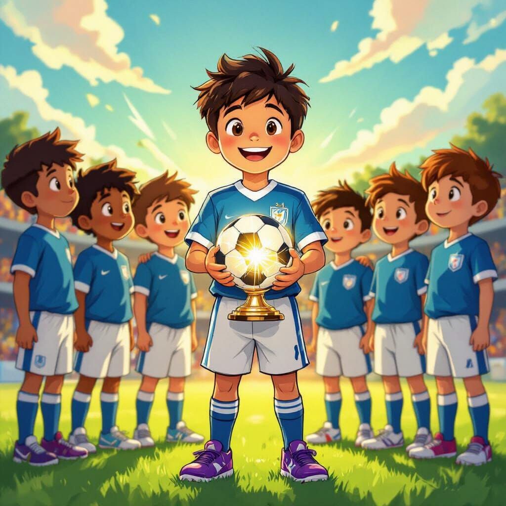 Boy with Championship Trophy and Magical Ball