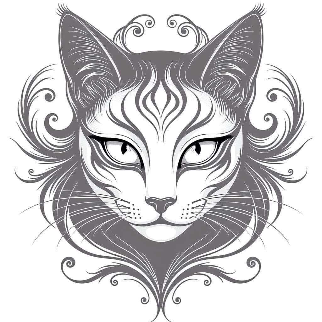 Therian-style cat mask template with simple, natural fur patterns. No eyes, left white. Drawn with fine, expressive black brush strokes and ...