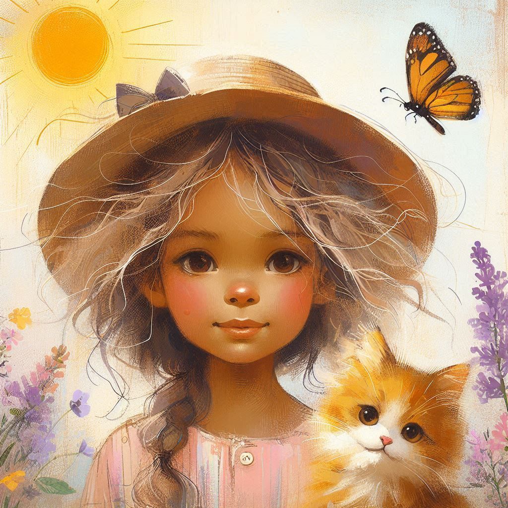 portrait little girl and cat. minimalist painting.