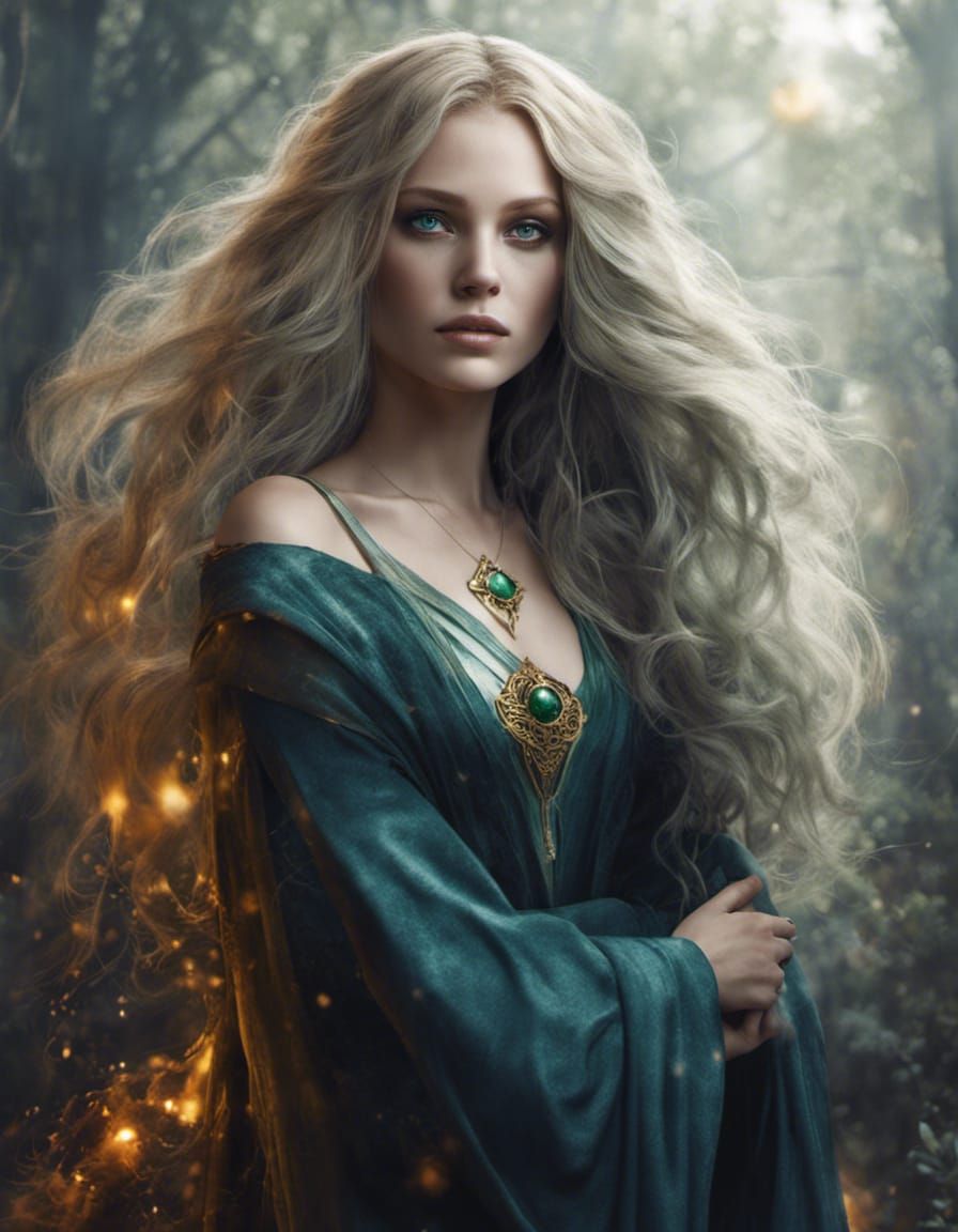 Honey blonde hair, grey robes with green details, beautiful witch, magic,  powerful woman, blue eyes, neutral emotions - AI Generated Artwork -  NightCafe Creator