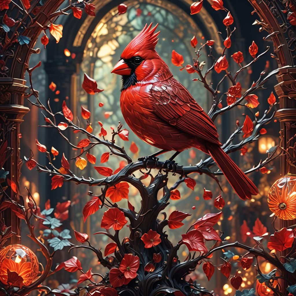 Intricately detailed illuminated Cardinal made of red blown ...