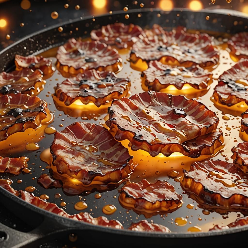 "Sizzle!" of bacon frying on a pan at dawn. The fat bubbles and pops as it crisps. The early light filters through the kitchen window.
