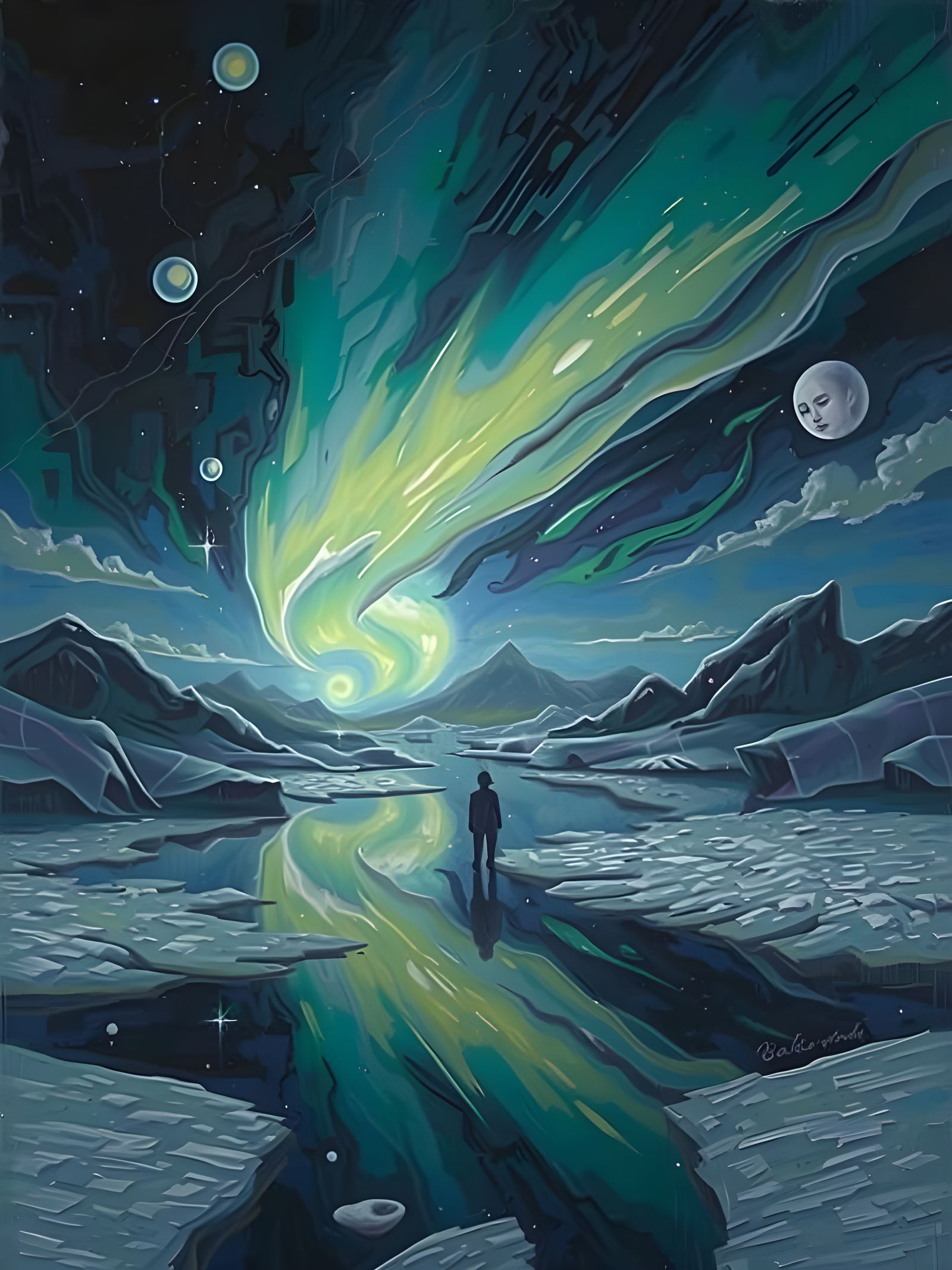 Northern lights scene. Encaustic paint with wet on wet oil painting. dry brush art portrait. Dabbing ...  by @Showy