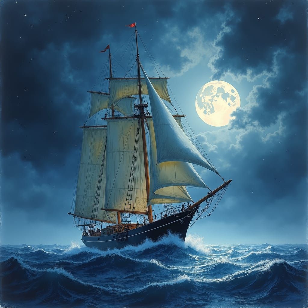 A sailing ship on a moonlit night #4  by @axelb