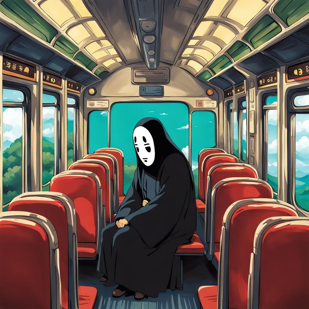 the "no face" from spirited away sitting down on a train wit...
