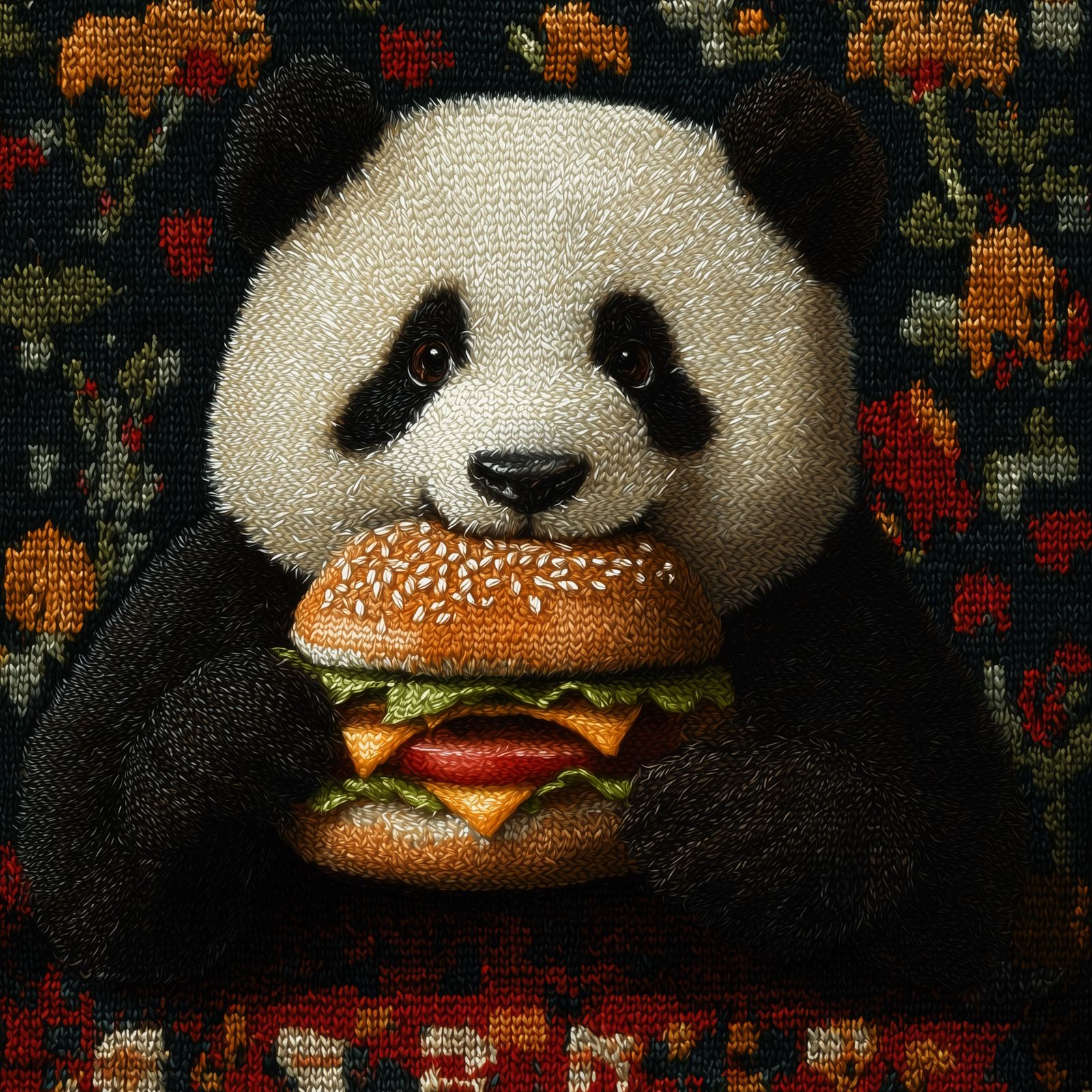 Just a panda eating hamburger