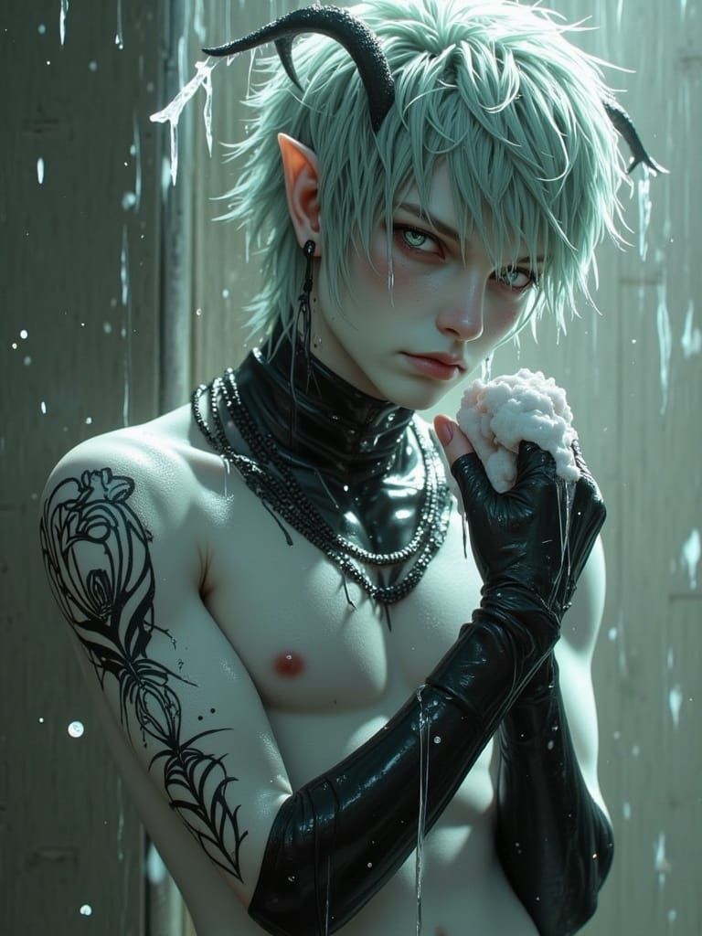 <lora:Happy-People:1.0>  Fantasy guy standing under the shower in wet clothes, he holds a soapy washcloth with foam dripping from it, looks...