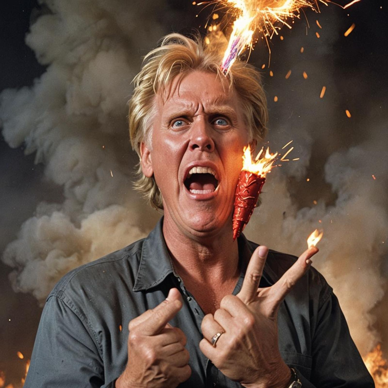 Gary Busey the actor, with a very large fire cracker exploding in his ...