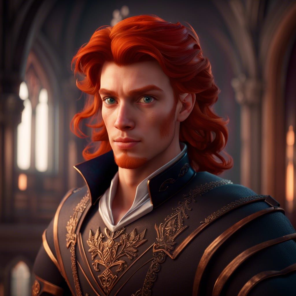 handsome young redhair prince portrait Disney style