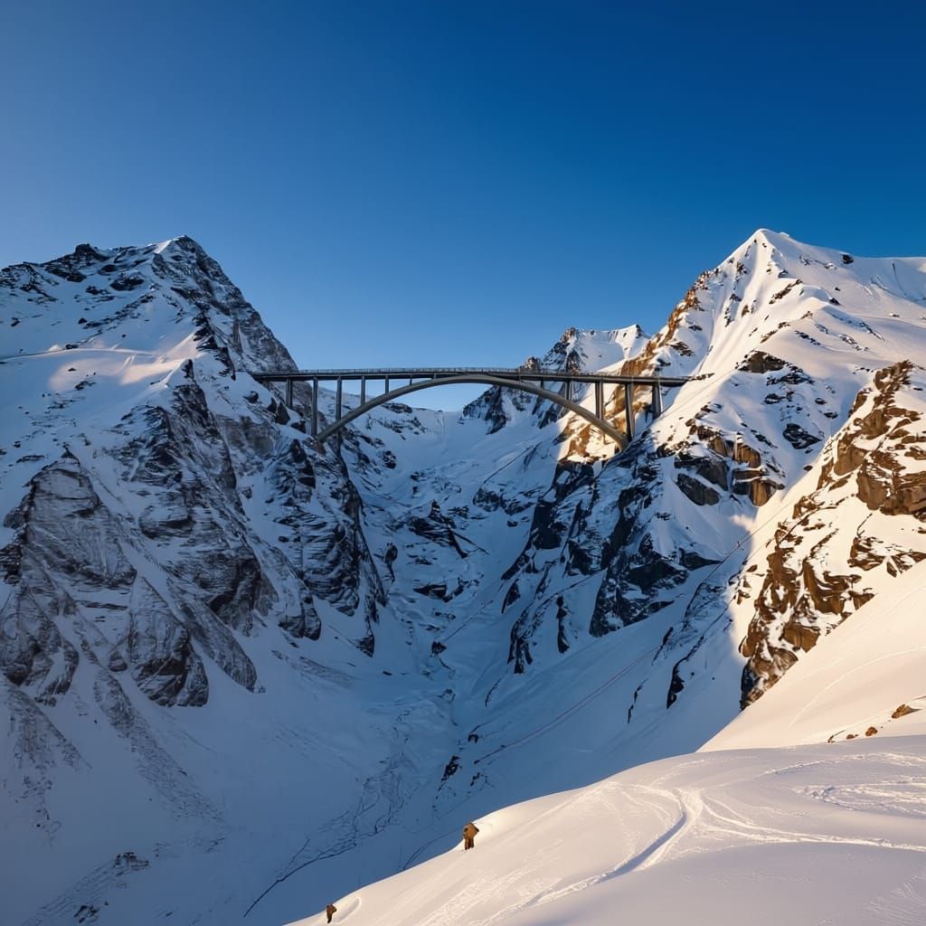 Majestic Snowy Mountain Landscape with Grand Connecting Brid...