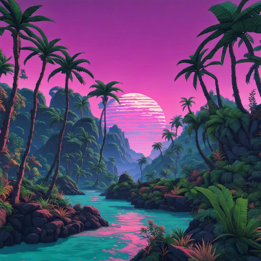 VAPORWAVE TROPICAL JUNGLE  AT SUNSET ON NEPTUNIAN  NEVERLAND...
