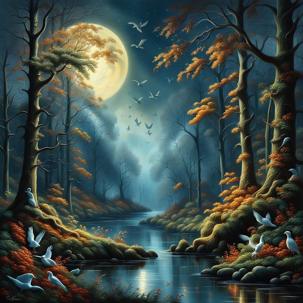 A majestic WOODLAND in the moonlight,
