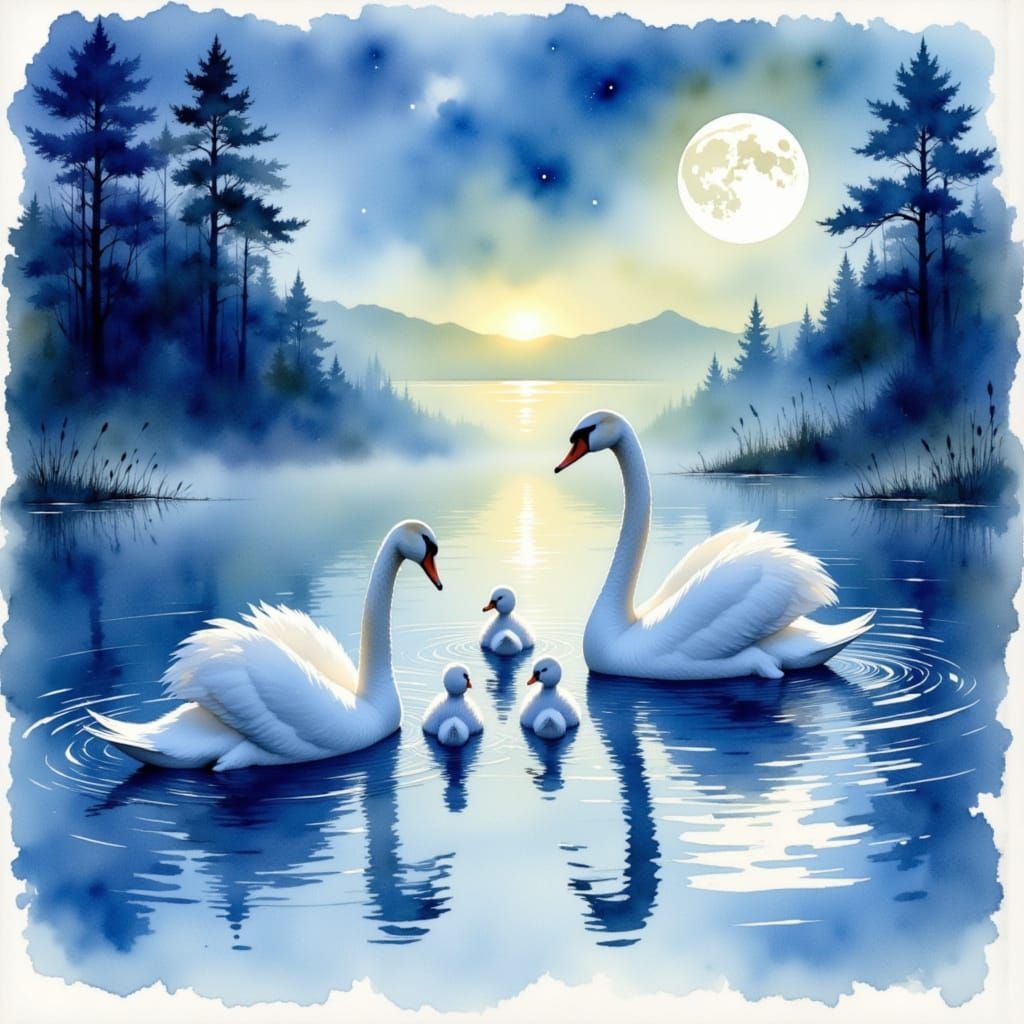 Swans in the evening - blue and white