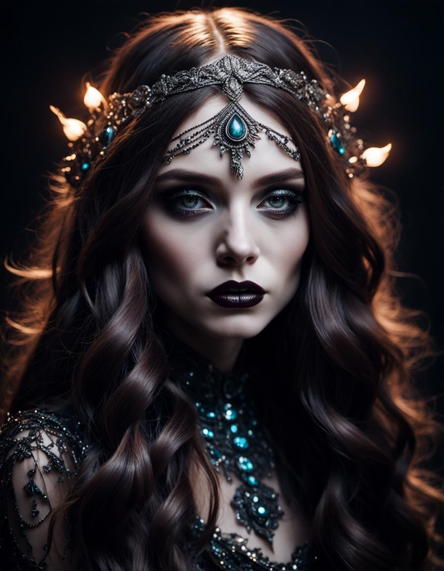 captivating portrait, peculiar woman in a stunning dress, in the dark ...