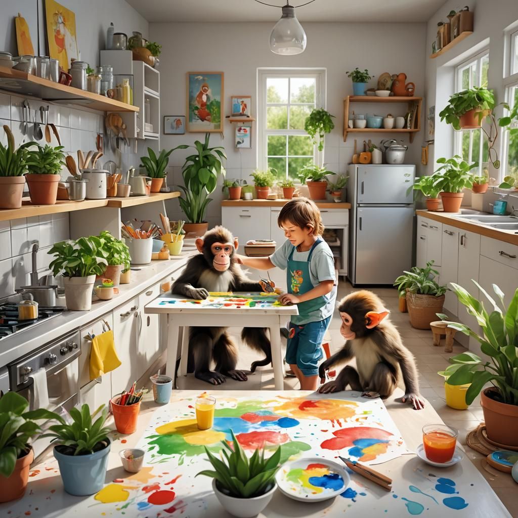 Children and monkey living easely together