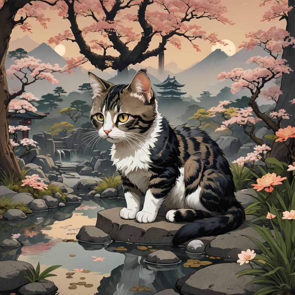 (Ukiyo-e:8.5) kitten god in the zen garden light at dawn ; watercolors ; 16k resolution concept art by Moebius Gustave Courbet dynamic light...