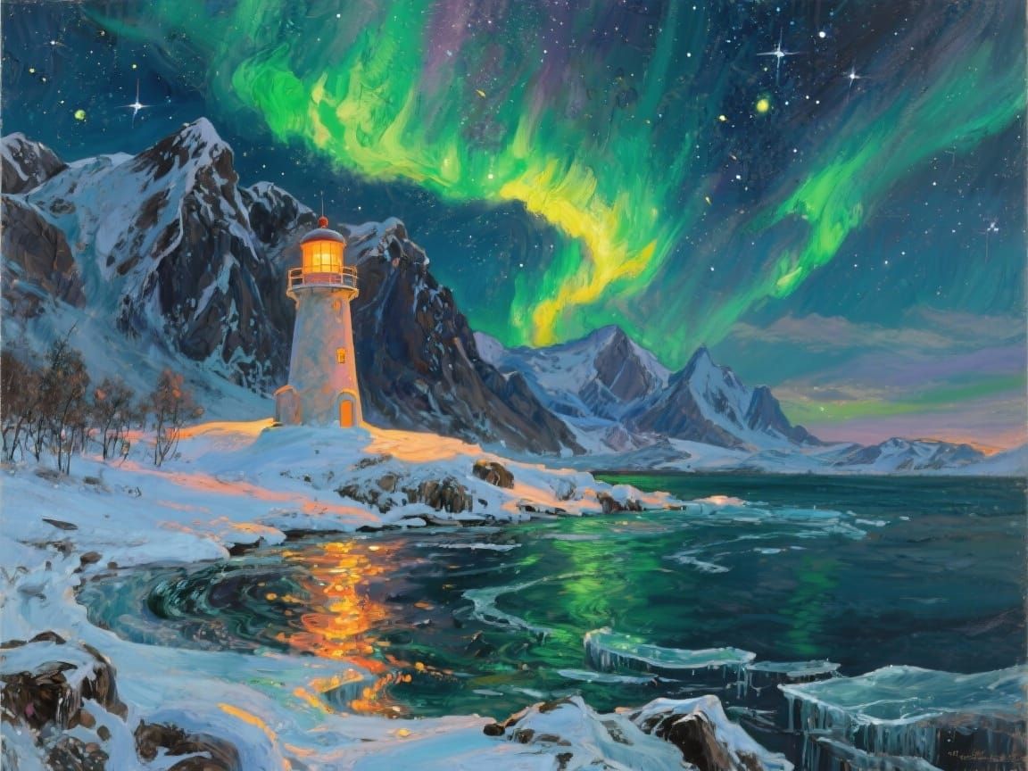 A majestic oil painting of a solitary lighthouse on a snow-covered shore, its warm beacon cutting through the cold night. In the background,...