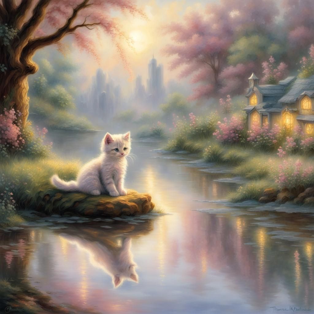 Kitten looking at reflection in water