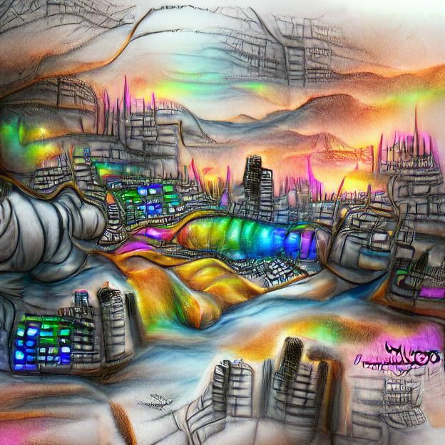 a golden cyberpunk city at sunset during fall filled with ra...