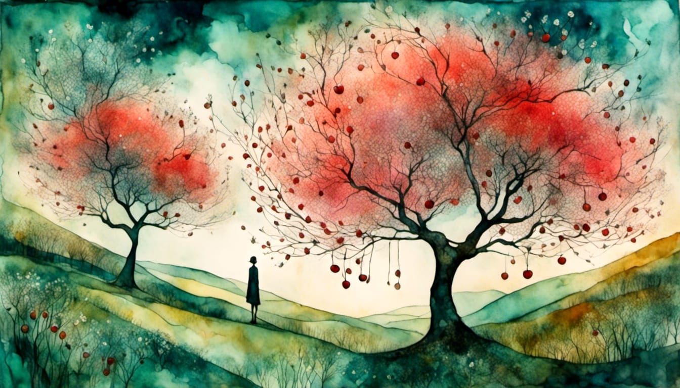surreal cherry trees  -  watercolor illustration.