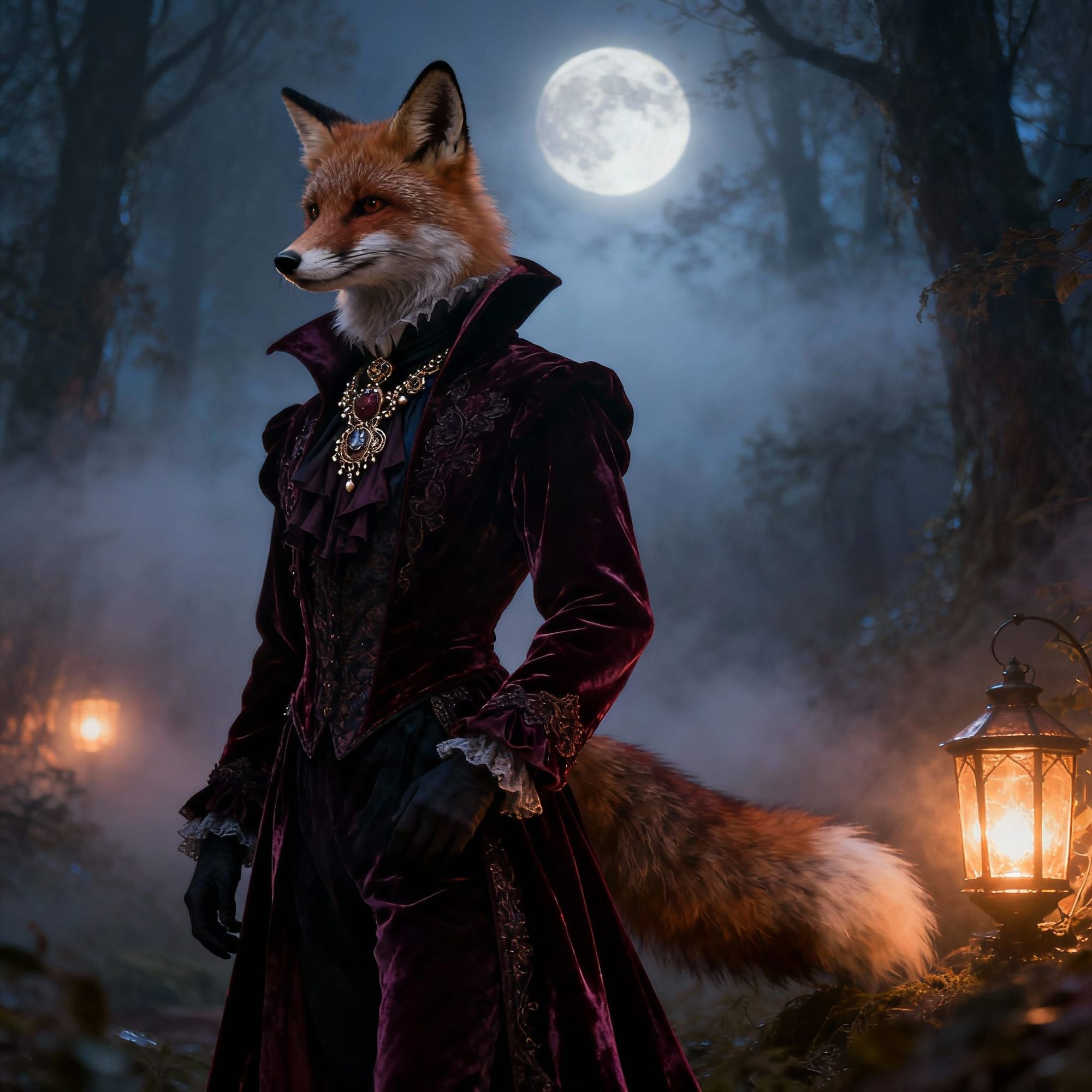 Elegant Portrait Style
A majestic fox dressed as a Victorian vampire, standing proudly in a misty moonlit forest. Intricate costume details,...