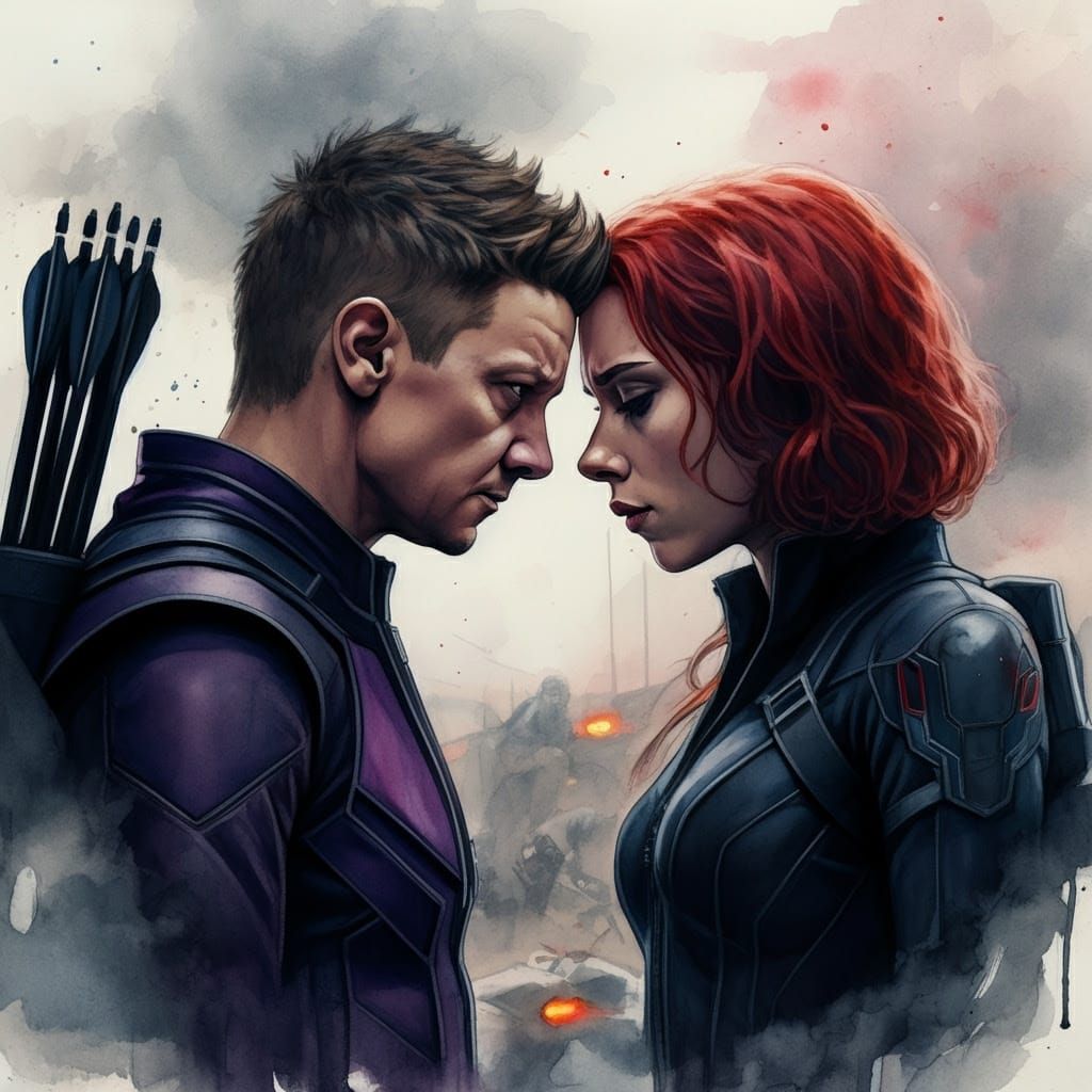 Hawkeye and Black Widow: Tense Moment in Watercolor