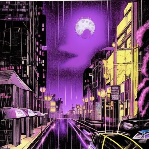noir cityscape tarot card style
moonlight street lights 
rai...