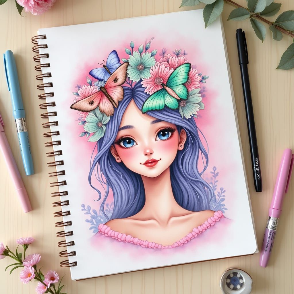 Enigmatic Woman in Whimsical Watercolor Wonderland