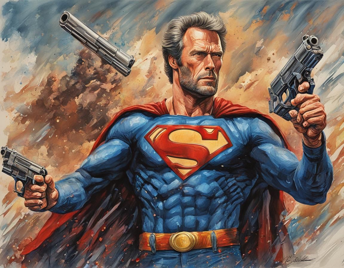 Clint Eastwood as Superman holding a .45 Magnum handgun Mark...
