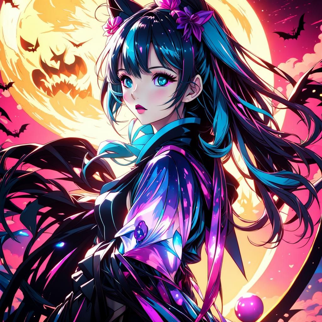 Anime Dream Girl Halloween Dark in the romantic moonlight an...