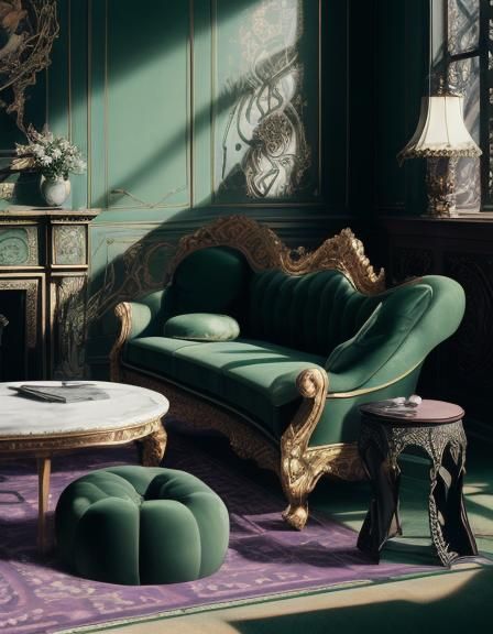 Regal Gothic living room with emerald green walls and purple gothic sofa and purple Gothic ...