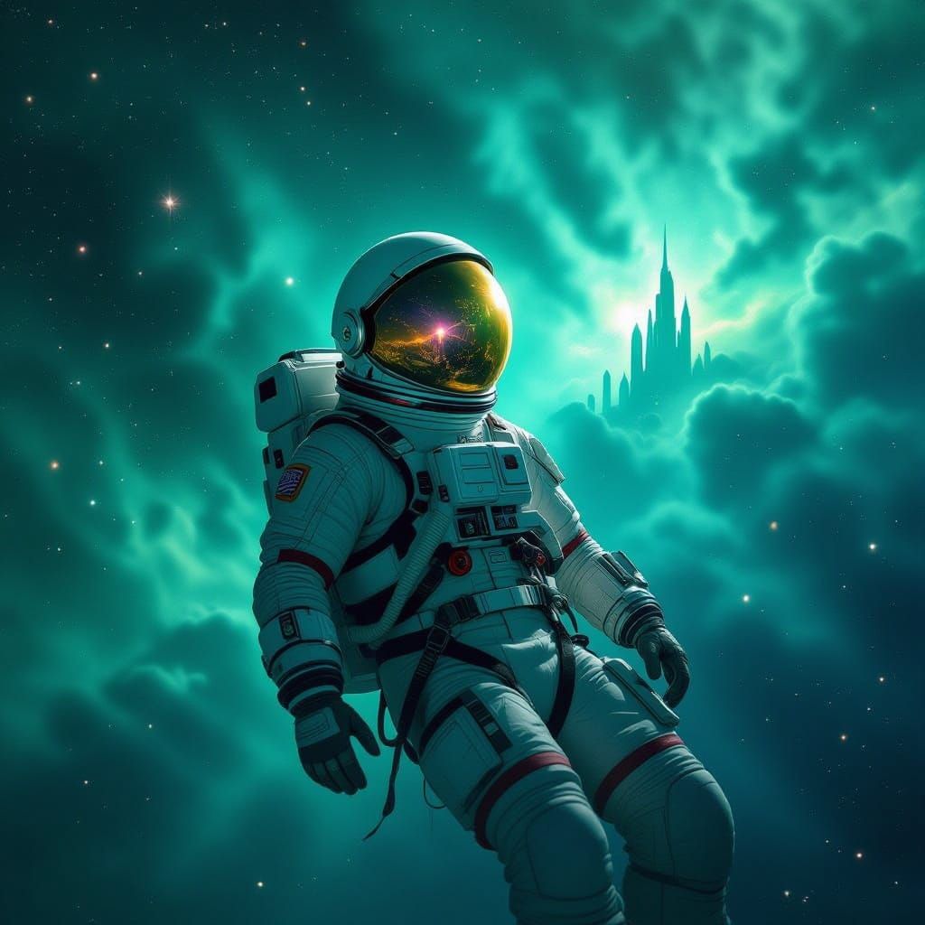 A lone astronaut adrift in a nebula, their helmet reflecting a distant, alien cityscape. The suit is weathered, showing signs of a long jour...