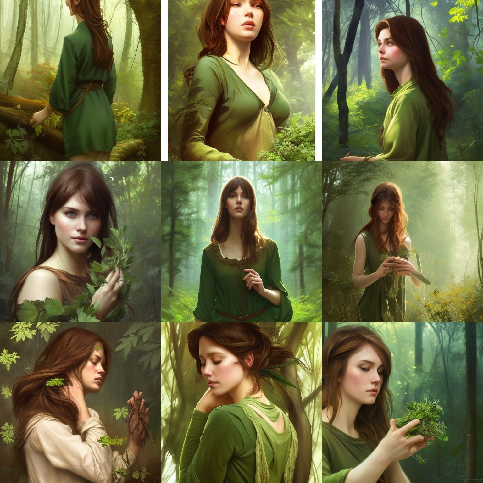 Brown Haired Girl In A Green Tunic Picking Herbs In The Forest - Ai 