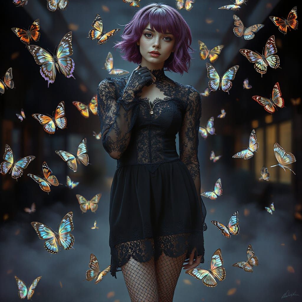 Goth Woman with Butterflies in Dreamy Surrealism