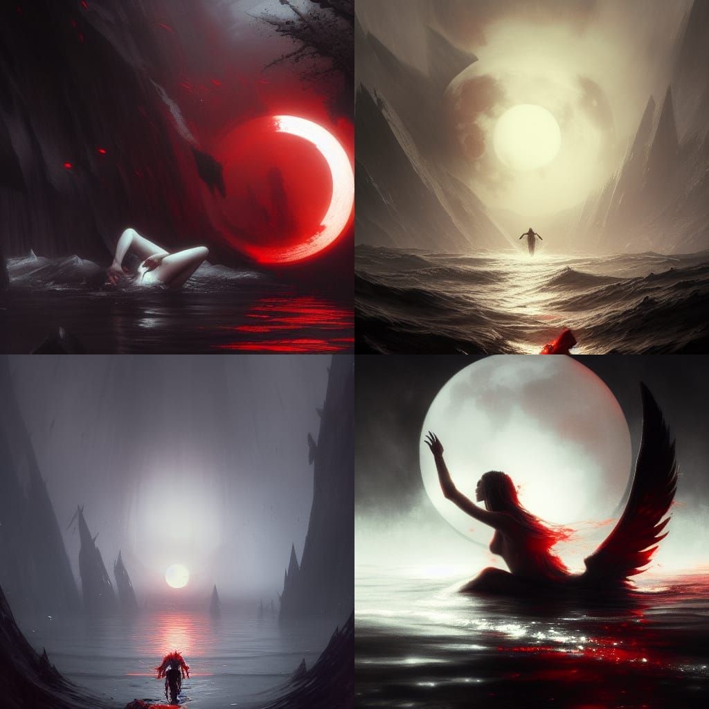 A white angel drowning in black water under a red moon a mas...