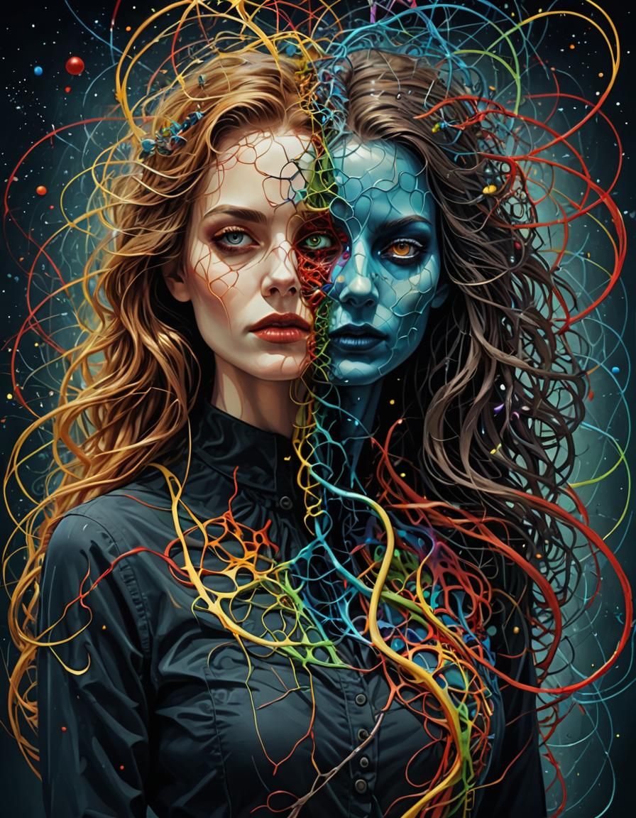 Quantum entanglement, beautiful woman, macabre separation, viral particles, colour fusion, paranoia, insanity, textured ...