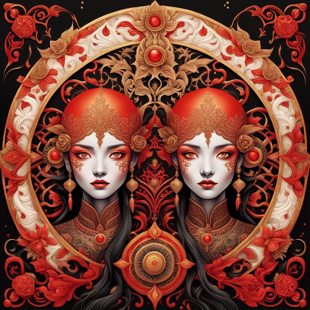 two female figures, one with white and red elements and the ...