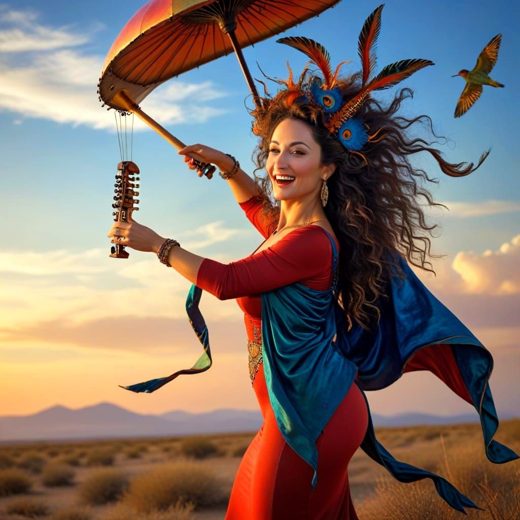 Surrealistic Portrait of a Happy Eccentric Lady with Vibrant...