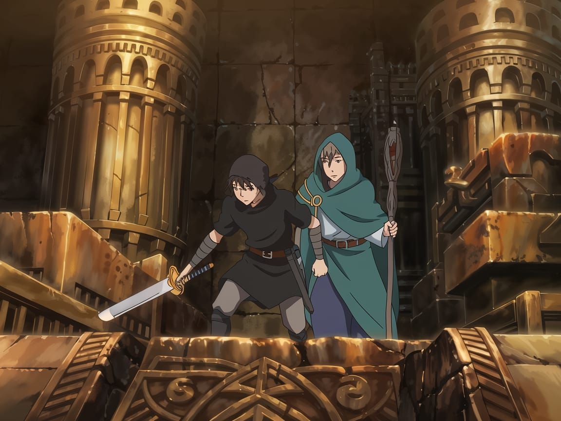 A rogue in black and a mage wearing green and blue robes, sneaking through a massive tomb
