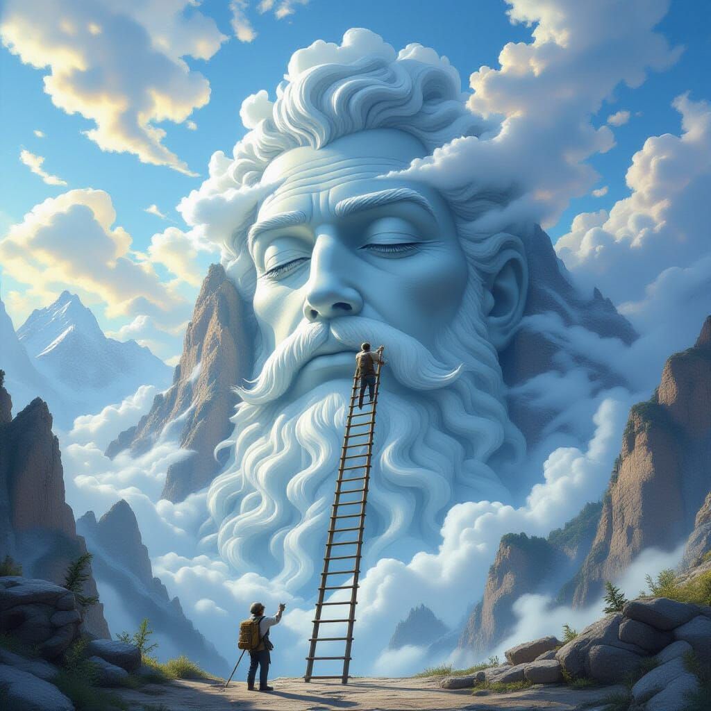 "A tiny painter standing on a ladder, painting a mural on the side of a massive mountain shaped like a human face, clouds swirling around th...