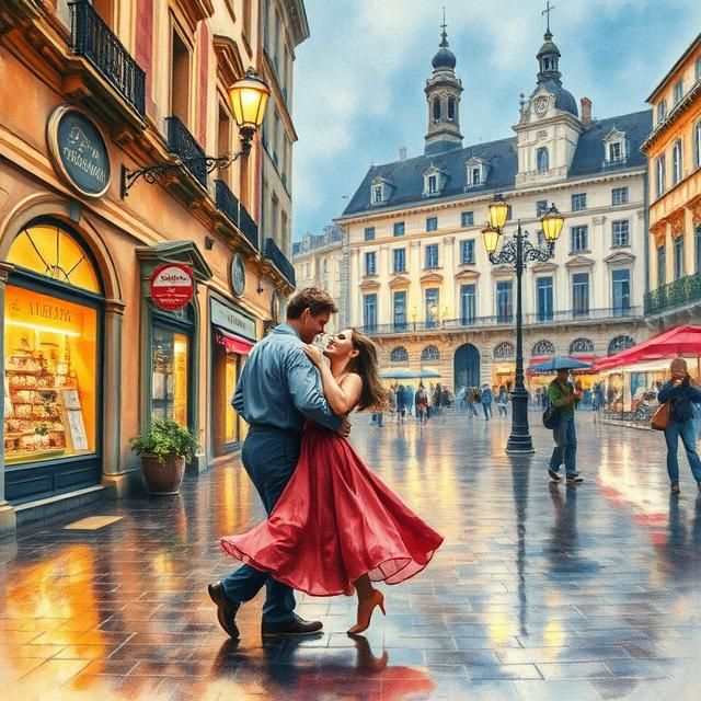 Romantic Waltz in the Rain: Watercolor Painting A vibrant wa...