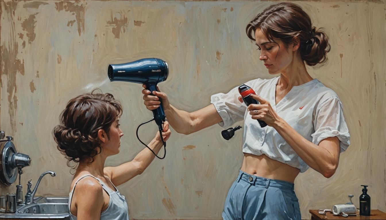 Create a scene of woman using hair dryer for drying hairs 