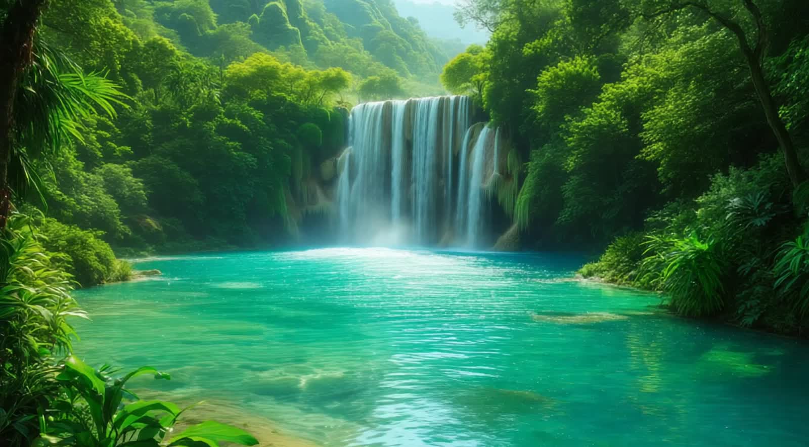 A green landscape with breathtaking water and waterfalls