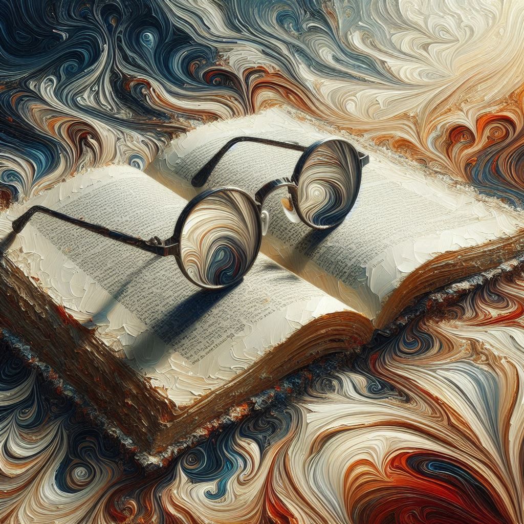 A powerful painting, reading glasses on a open book