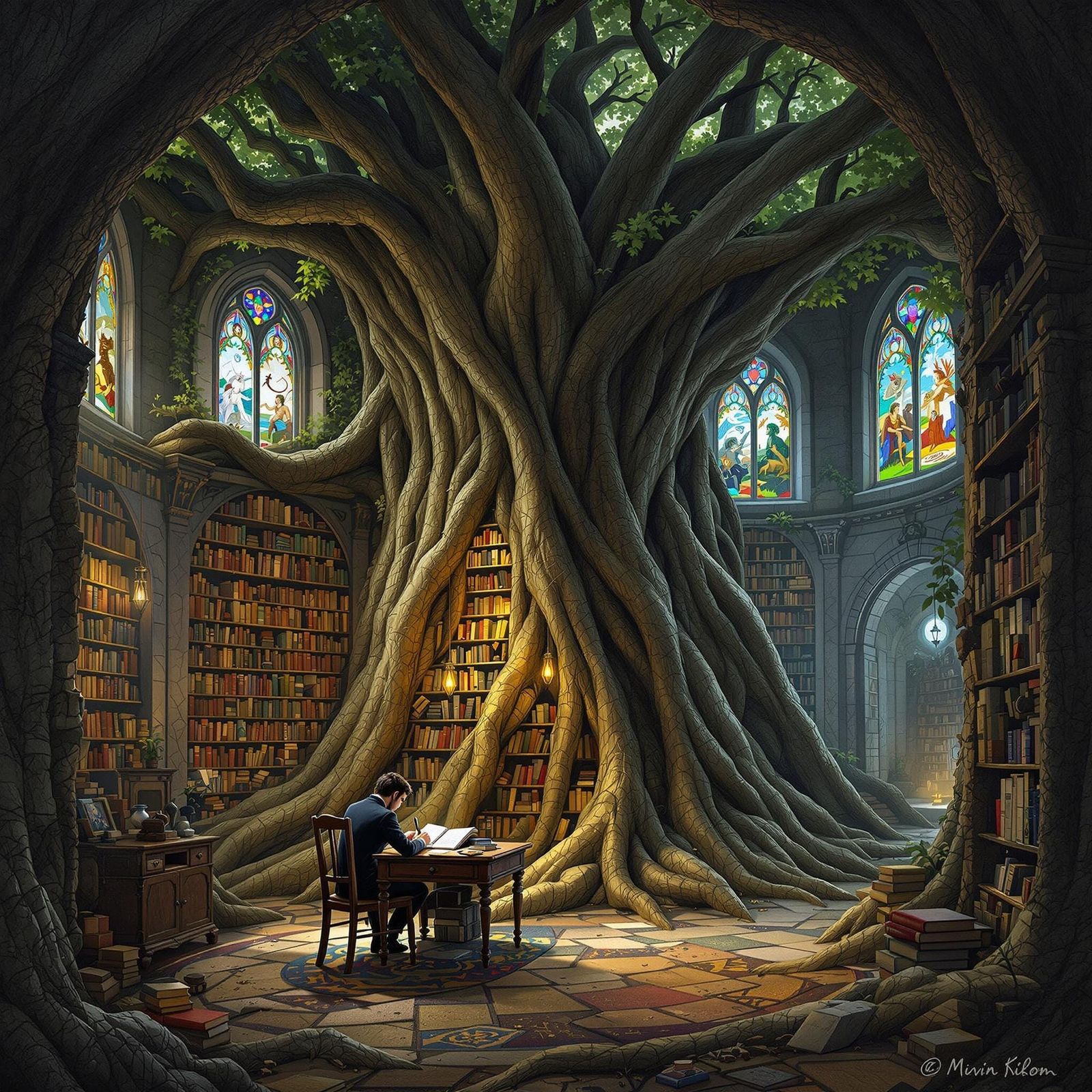 Imagine a hidden library nestled deep within a colossal, ancient tree, its roots intertwined with the ...  by @MythsCreator