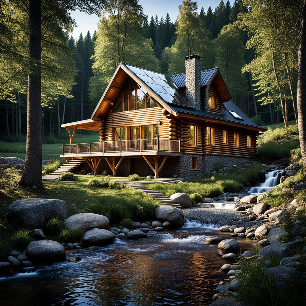 Rustic log cabin by a river - AI Generated Artwork - NightCafe Creator