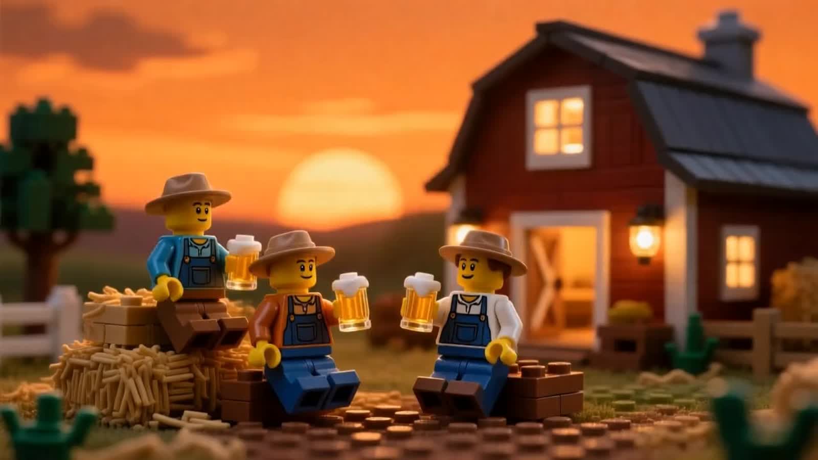 A cozy animated stop-motion LEGO farm at sunset: orange sky, barn lights turning on one by one. Minifig farmers sit on s...