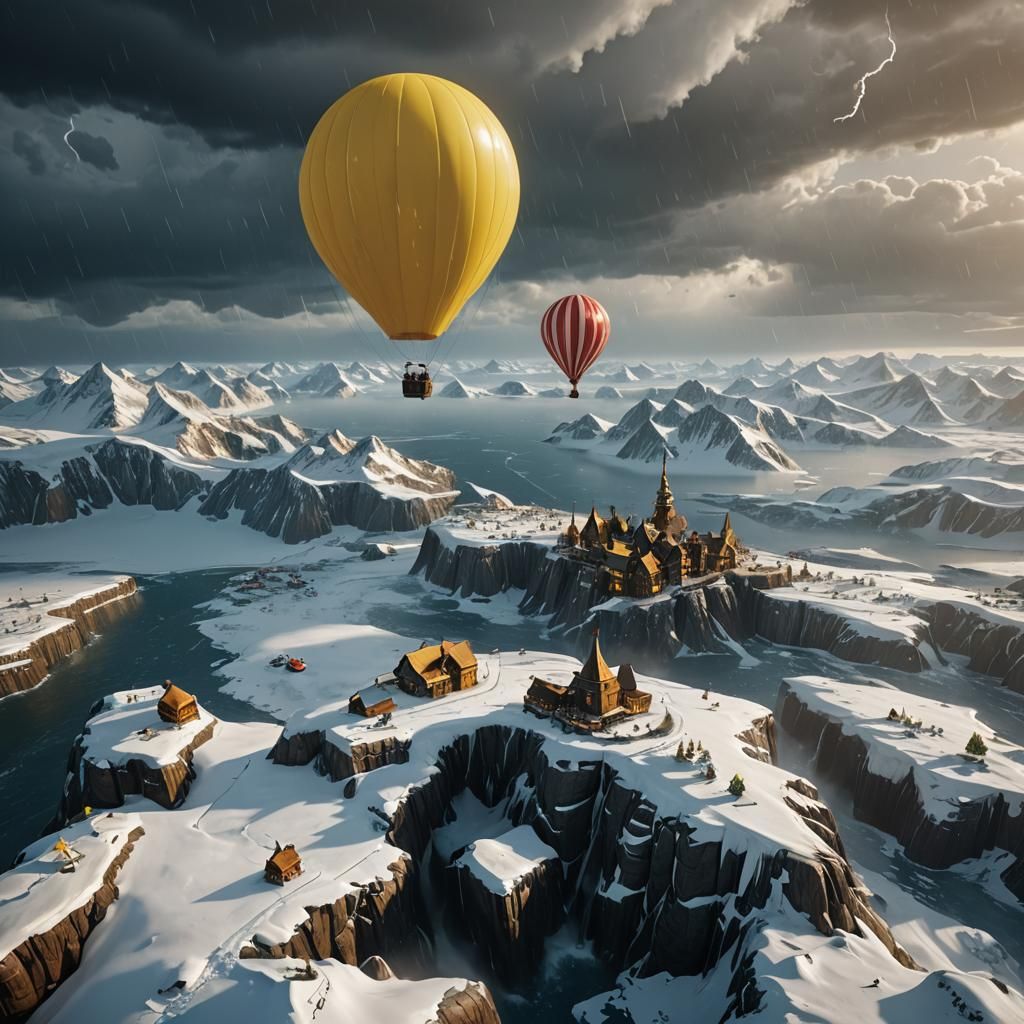 flying over the North Pole in a yellow balloon in a thunders...