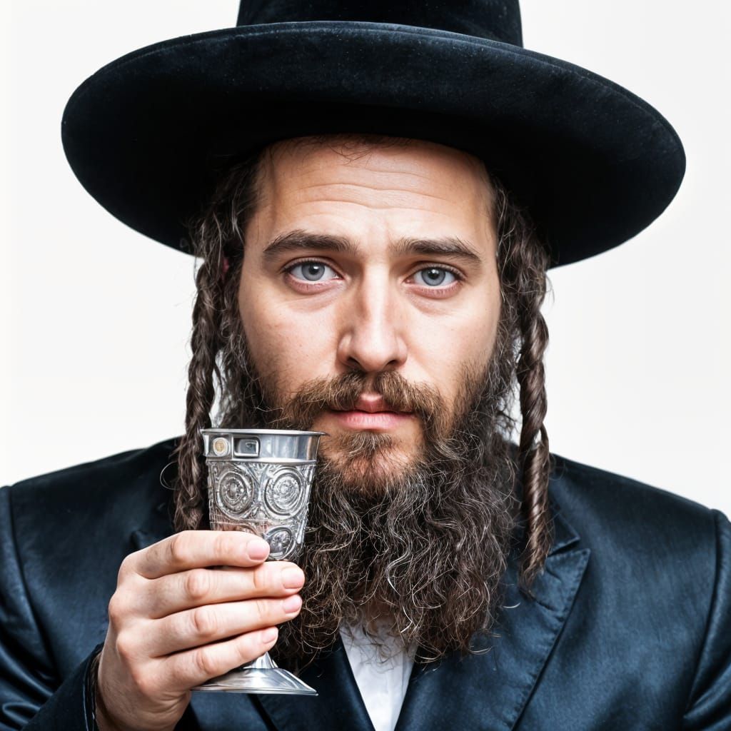 A Hassidic rabbi with curly wigs and blue eyes makes Kiddush against a white background