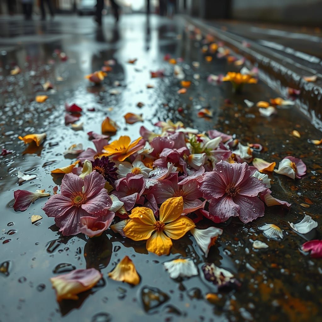 Crushed Flowers on Wet Street in Impressionist Style